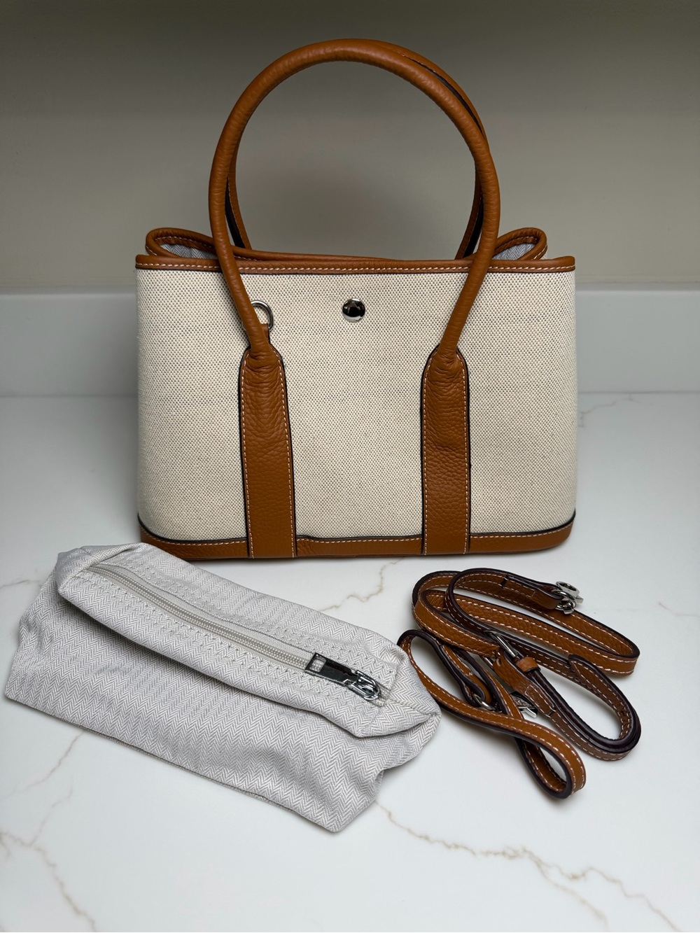 Canvas and Tan Leather Top-Handle Tote Bag